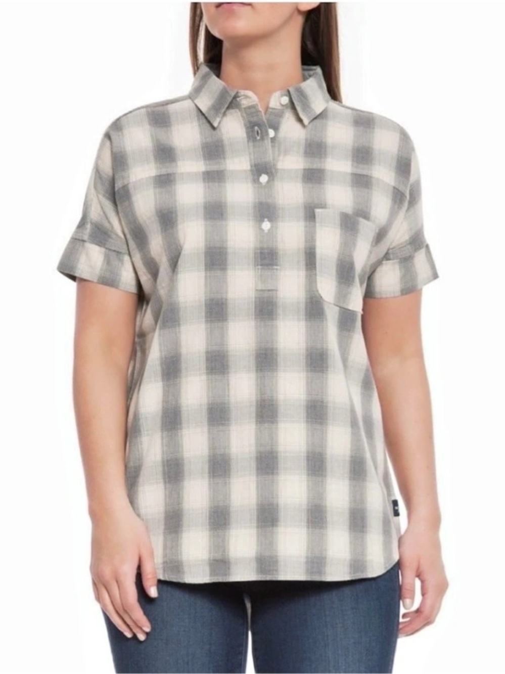 The North Face Women's Tanami Gray Cream Plaid Shirt Large
